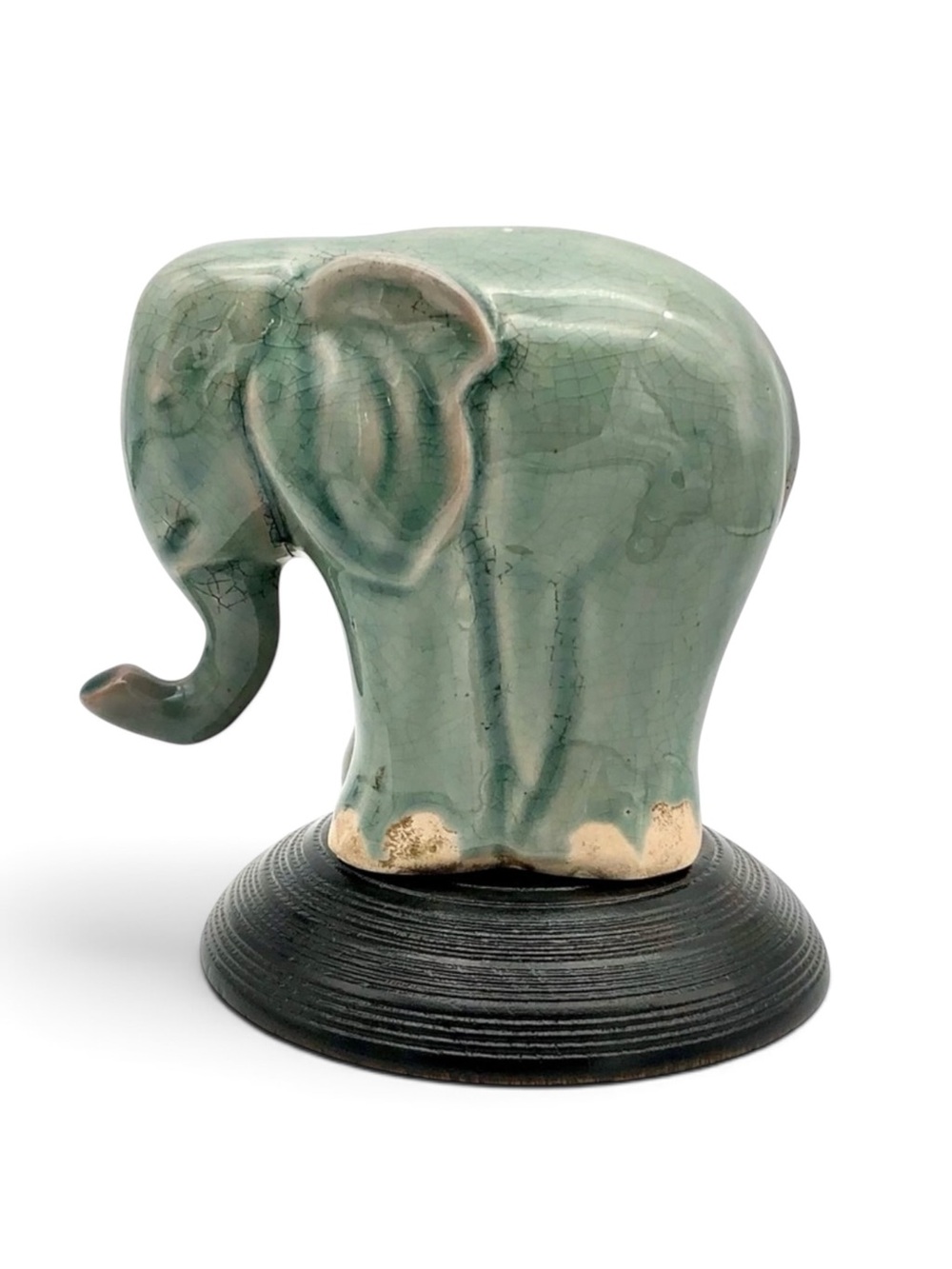 Old Chinese Celadon Elephant Pottery Sculpture Crackle Glaze Marked Bottom